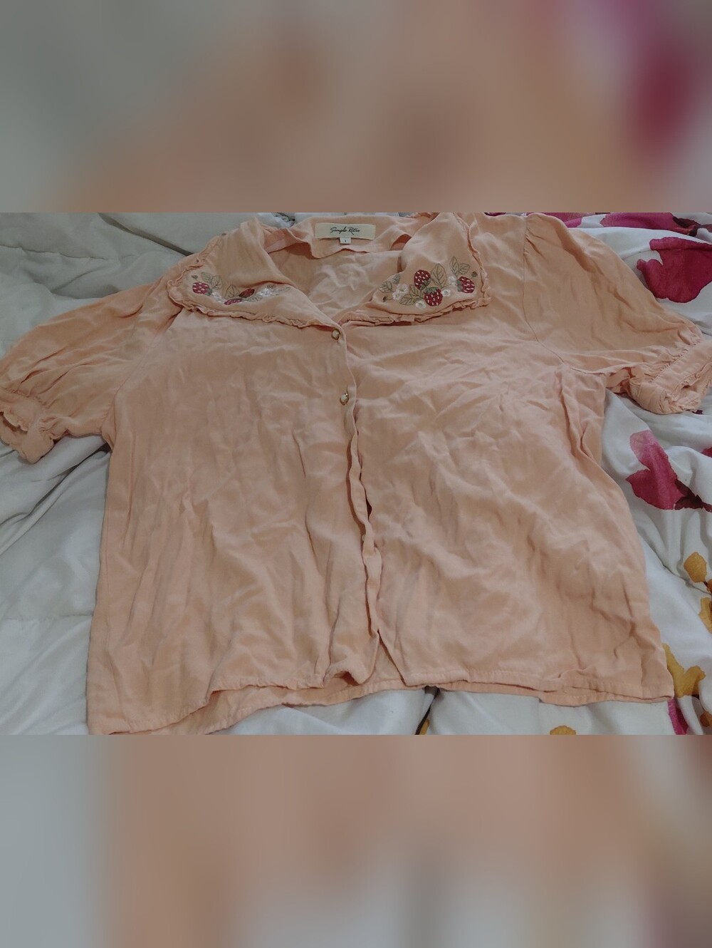 Simple Retro Vintage Inspired Peach Button-Front Blouse with Embroidered Collar